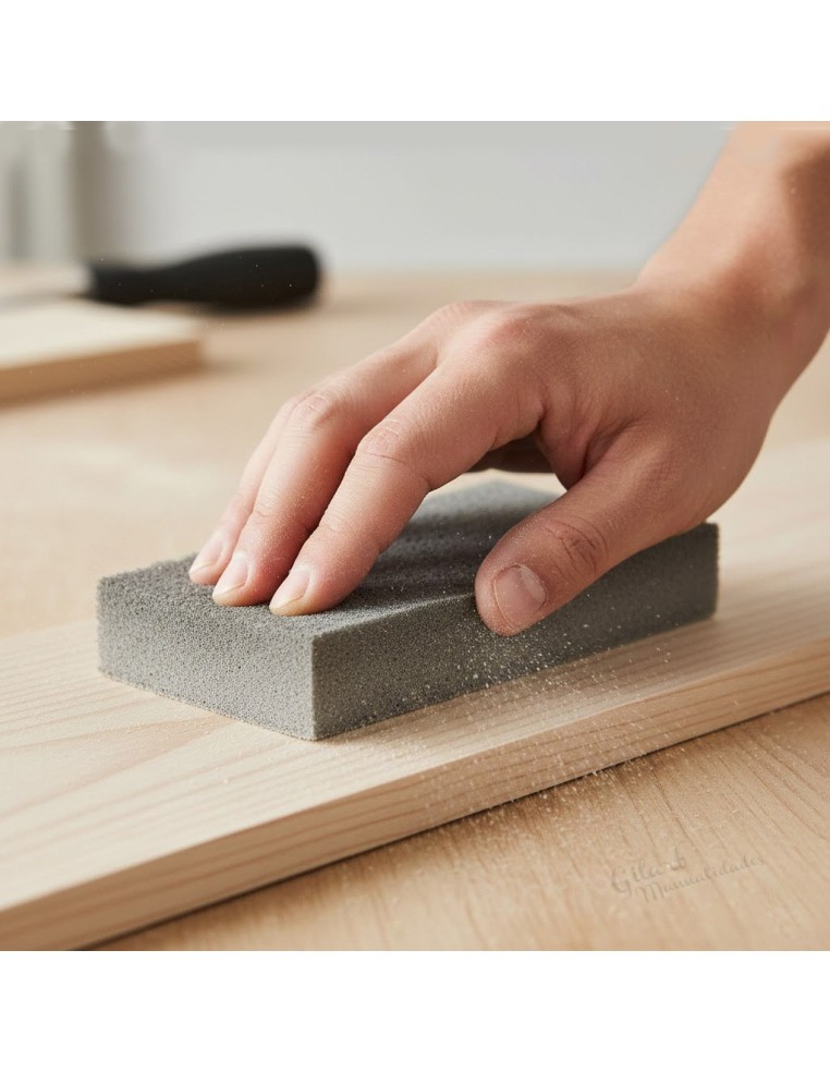 Lijado manual ergonómico con taco de esponja flexible sobre madera para lograr superficies uniformes.