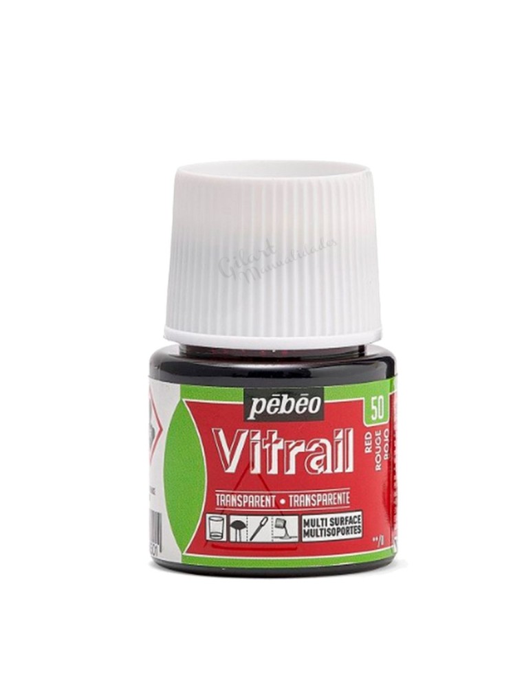 Bote de Pintura Vitrail Pébéo 45 ml color rojo n.º 50 transparente para vidrio y cristal disponible en Manualidades Gilart