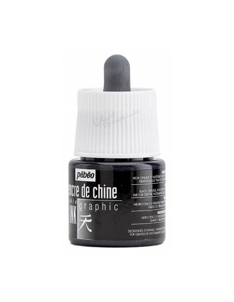 Bote de Tinta China Pebeo Graphic Negra 45 ml con cuentagotas para caligrafía.