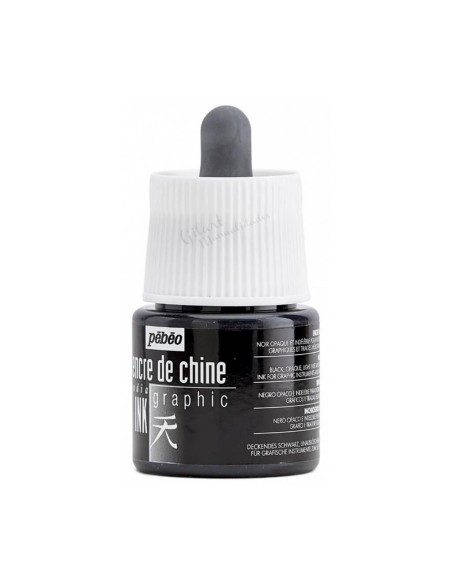 Bote de Tinta China Pebeo Graphic Negra 45 ml con cuentagotas para caligrafía.