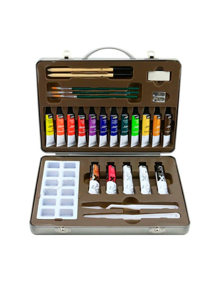 Maletín de óleo Pebeo Studio XL abierto, mostrando 17 tubos de óleo, pinceles y paleta.
