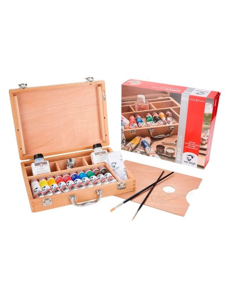 Contenido completo del set Van Gogh: 10 colores acrílicos de 40 ml, pinceles, medios auxiliares y paleta de madera.
