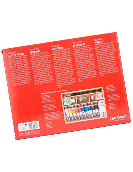 Detalle técnico y carta de colores del acrílico Van Gogh, destacando su alta resistencia a la luz y viscosidad profesional.