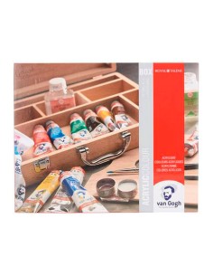 Maletín de madera Van Gogh con set básico de 10 tubos de pintura acrílica y accesorios de Royal Talens.