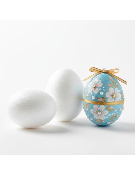 Huevos pequeños de porexpan en blanco junto a huevo decorado con flores