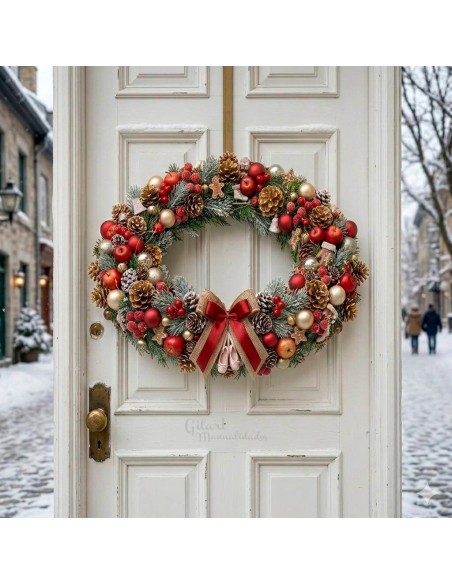 Resultado final de una corona decorativa de alta densidad luciendo en una puerta exterior.